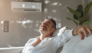 Relaxed homeowner enjoying clean indoor air during winter heating season